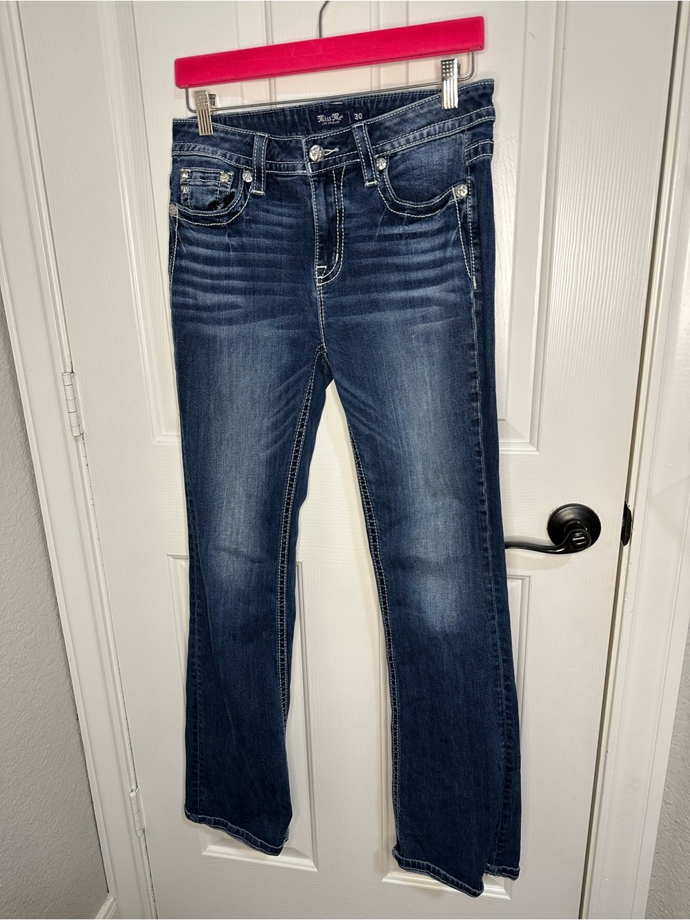 RARE Miss Me Dark Wash Gold Saint Fleur De Lis Mid Rise Bootcut Jeans Sz 30 - Picture 4 of 13
